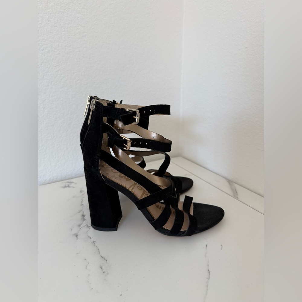 Sam Edelman 100% Leather Black Suede Lace-Up Block Heels with Back Zip